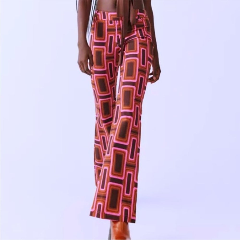 Urban Outfitters | Eva Bengaline Flare Pant Brown Geometric Mod Retro 60s New 6 - Picture 3 of 9